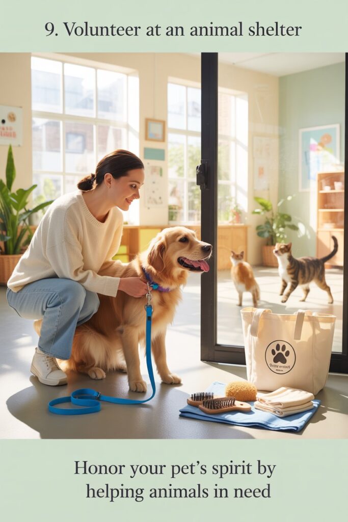 Animal shelter volunteer walking dog and socializing cats—meaningful pet grief support and positive action.