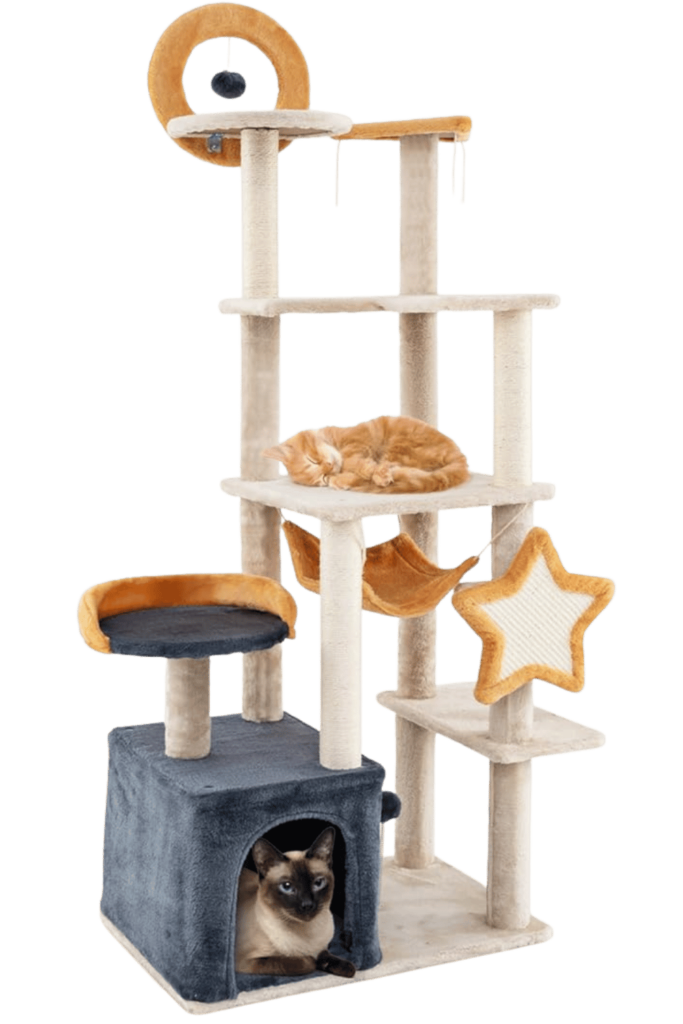 Beige plush multi-level cat tree with charcoal-gray hideaway cube, mustard-yellow round perch, orange fleece hammock, star-shaped scratch pad