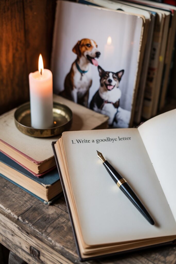 Blank journal page and flickering candle inviting you to pour out memories—a comforting step in pet grief.