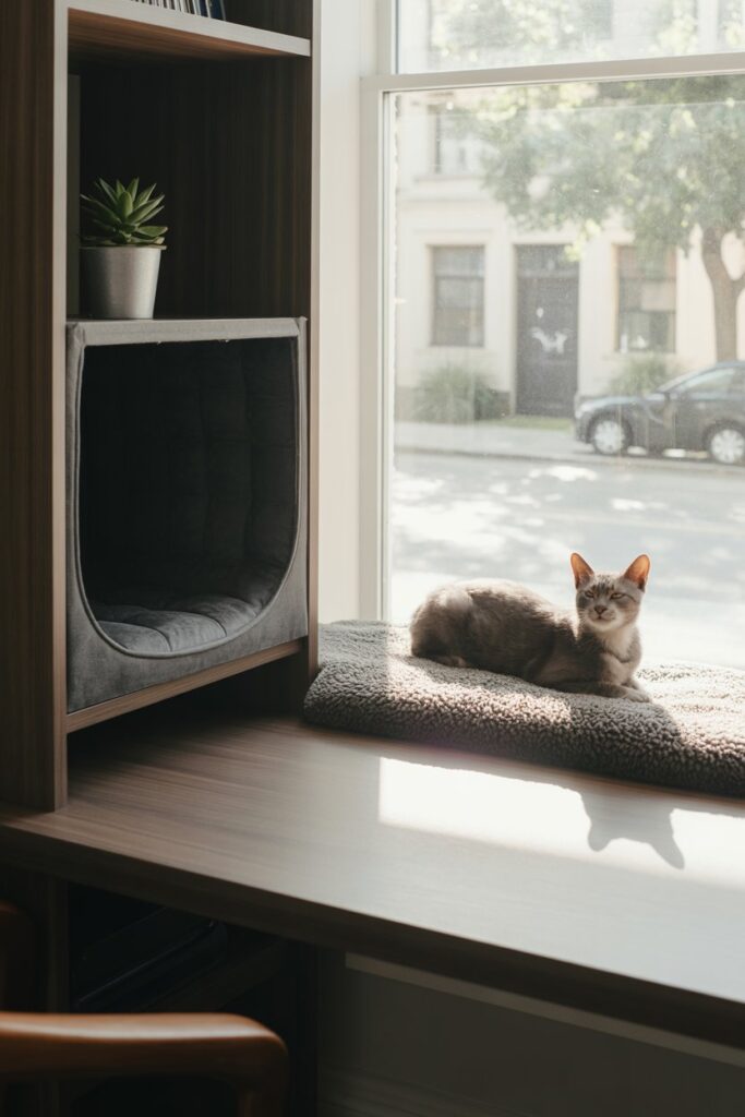 Bookshelf cubby converted into a cat nook with a cushion, styled to match dark-toned office decor.