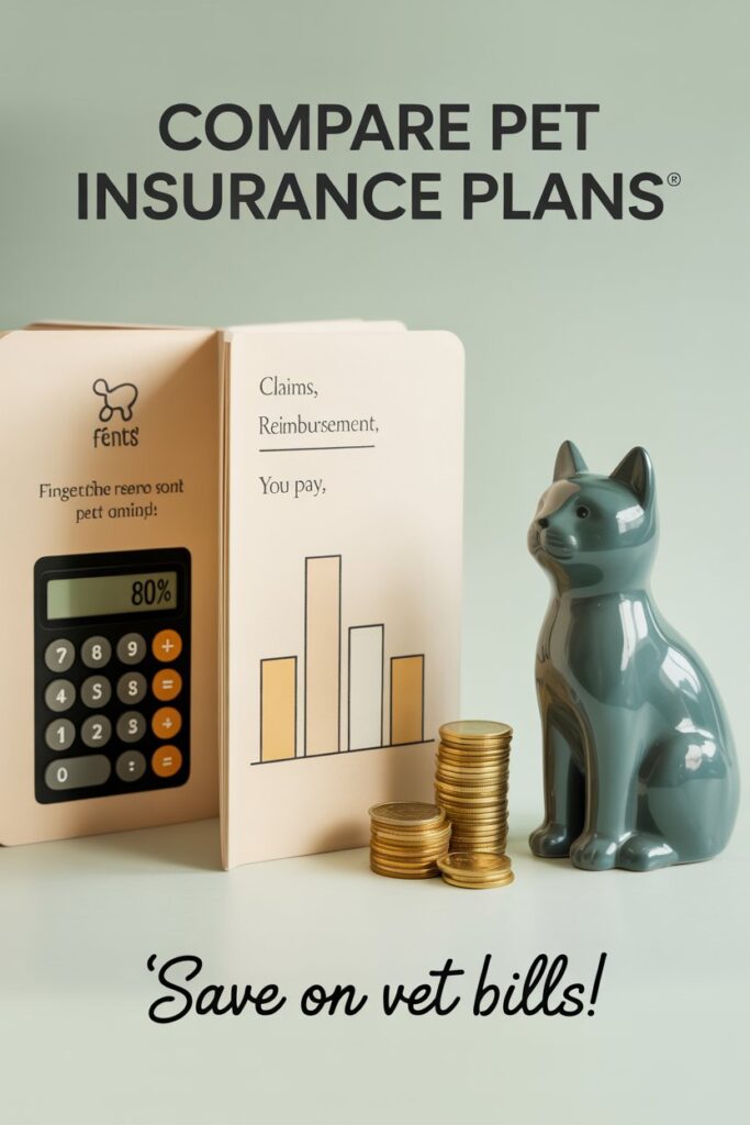 Calculator, insurance documents, coins, cat figurine, and simple bar chart on mint background, highlighting pet insurance plan savings.