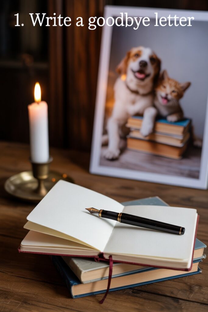 Candlelit journal and pen for writing a goodbye letter to honor your pet—a soothing ritual for coping with pet loss.