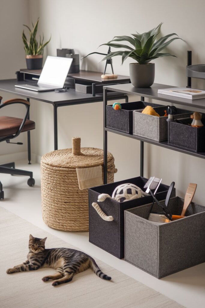 Chic, lidded pet supply baskets beside a stylish desk in a cozy, organized workspace.