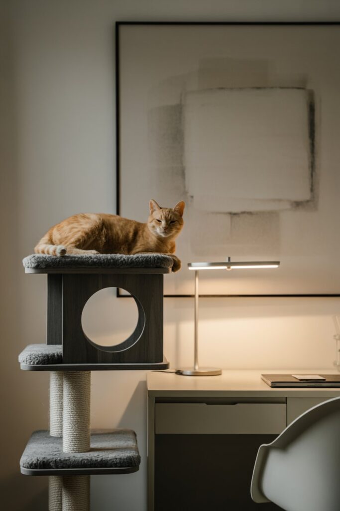 Compact, modern cat furniture beside a desk in a stylish, pet-friendly workspace.