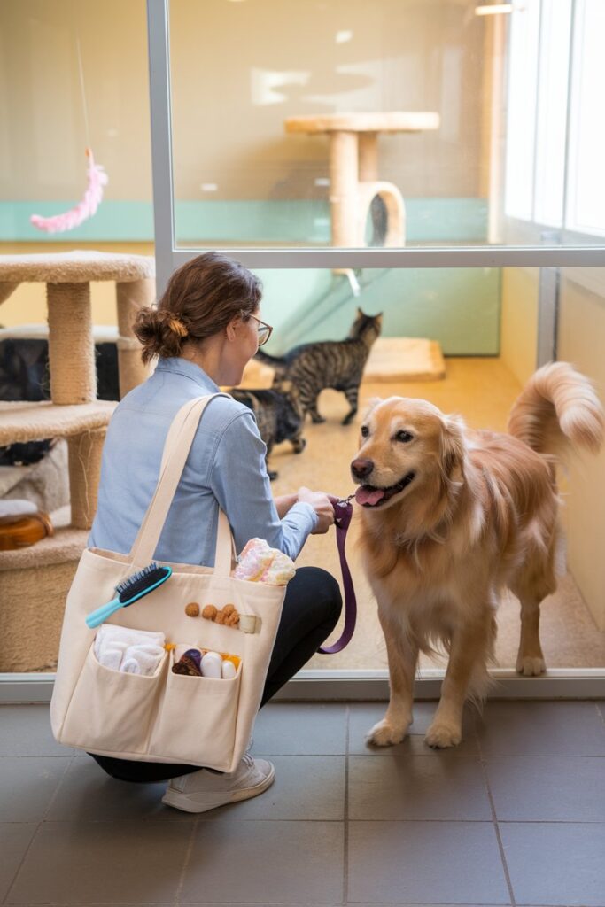 Compassionate volunteer at animal shelter helping dogs and cats—an active pet loss support idea