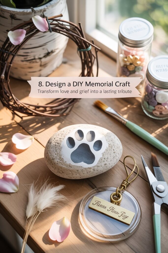 DIY pet memorial craft station with painted paw-print rock and resin keepsake—ideal pet memorial ideas for coping with pet loss.