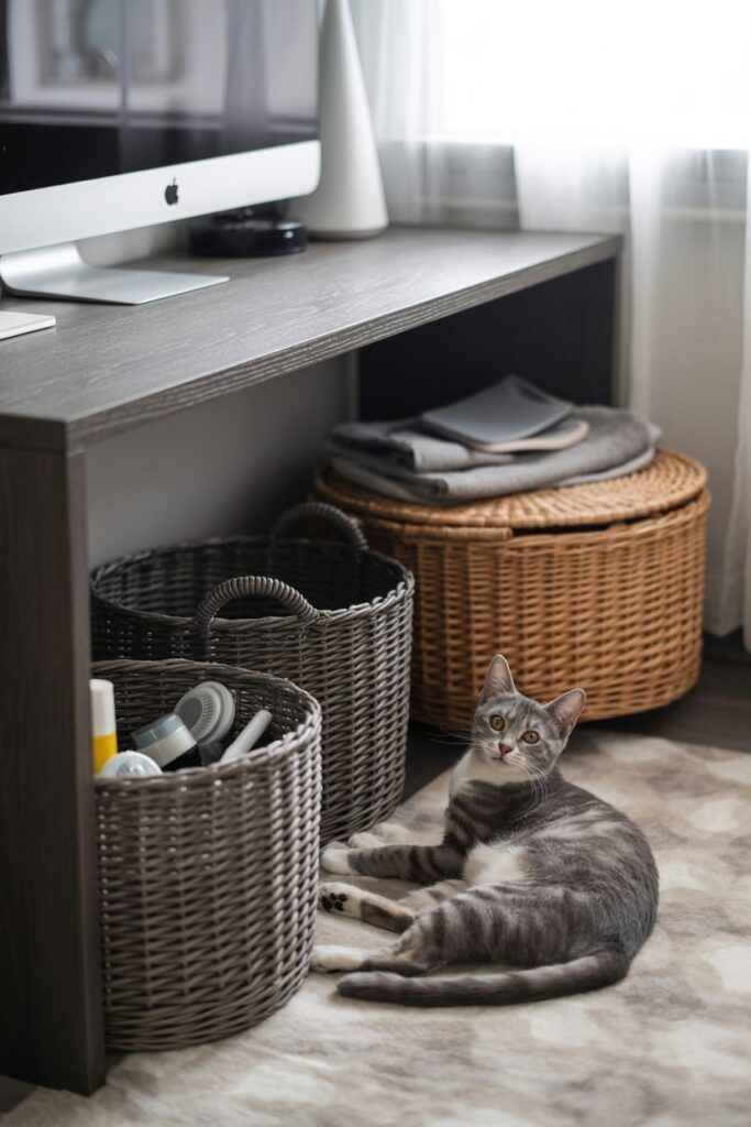 Dark-toned woven baskets and felt bins in a modern home office storing pet toys and supplies neatly.