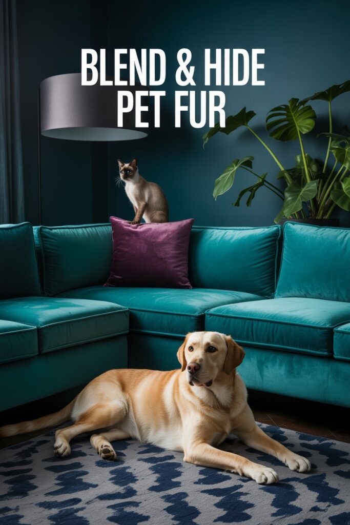 Deep teal sofa and geometric‑print cushions blending Siamese cat fur into the dark, patterned fabric.