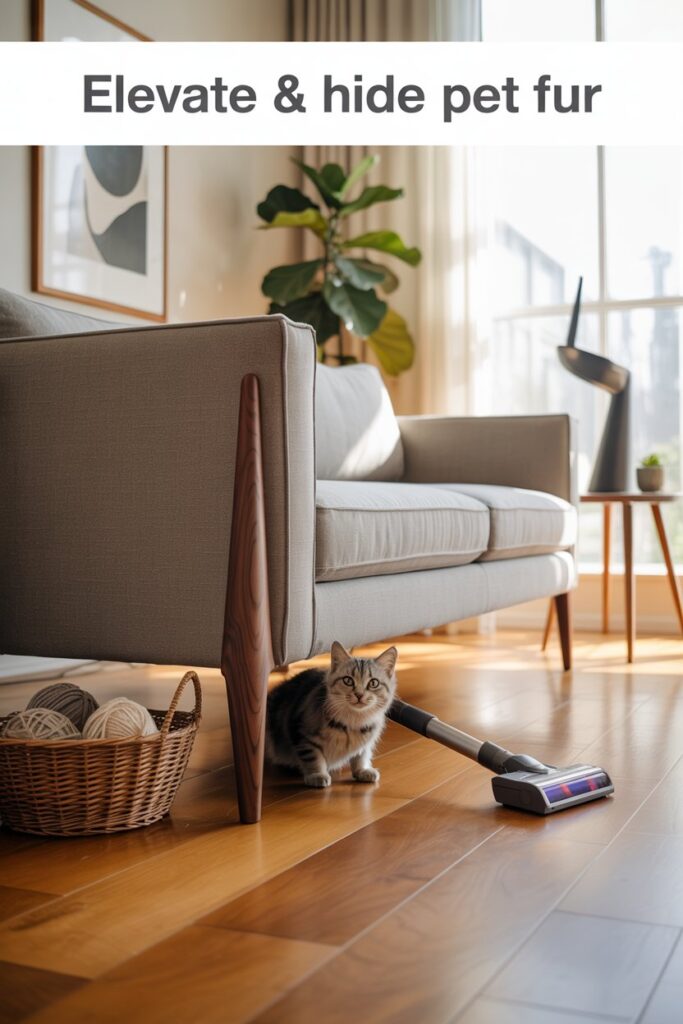 Dove‑gray sofa on walnut legs with cordless vacuum sweeping underneath—pet‑friendly furniture hack.