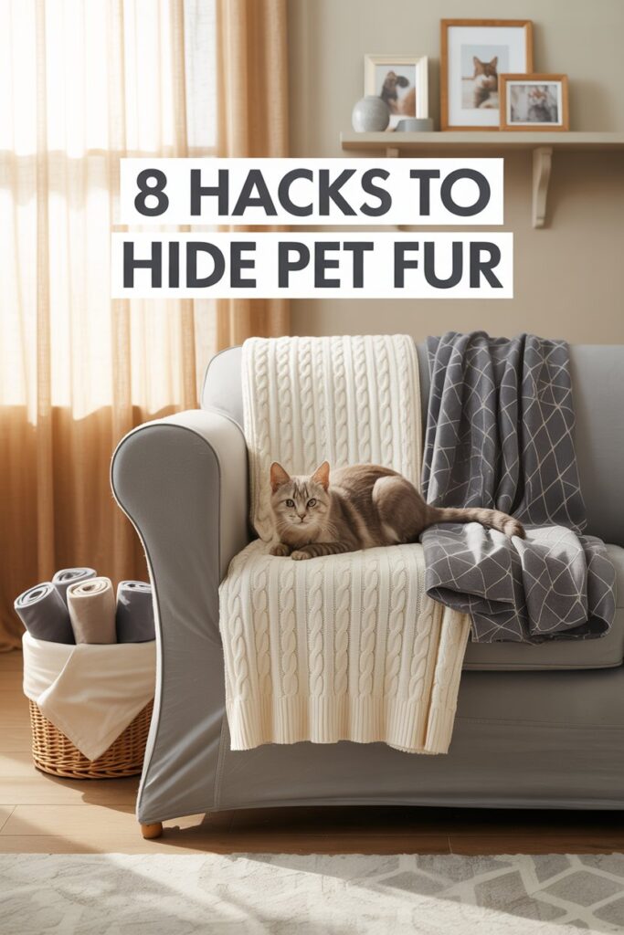Dove‑gray stretch slipcover on sofa with cable‑knit cream throw, showcasing easy‑wash pet furniture protection.