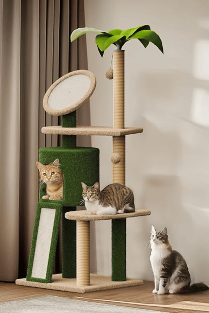 Emerald green and beige sisal multi-level cat tree with grass-covered cubby, angled scratching ramp, disc perch, and faux palm canopy in a bright living room