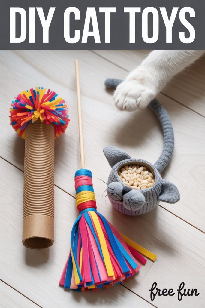 Flat‑lay of homemade cat toys crinkle paper roll with pom‑pom, tassel wand, sock mouse, and a cat paw on a wooden table.