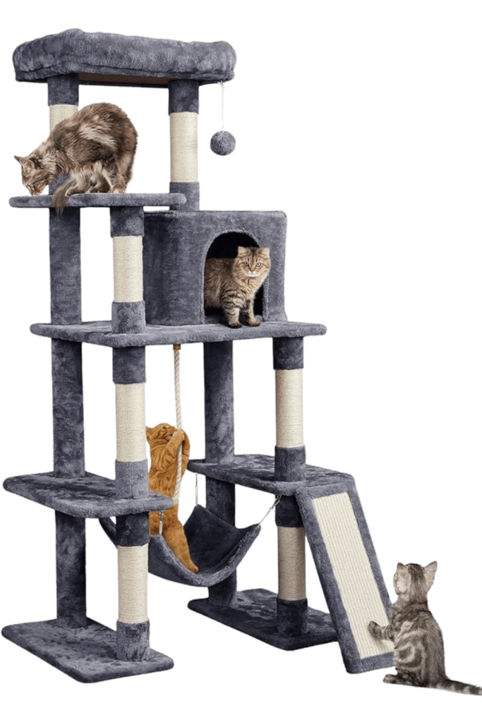 Gray plush cat tree with sisal-wrapped posts, hammock bed, hideaway cubby, climbing ramp, and dangling pom-pom toy