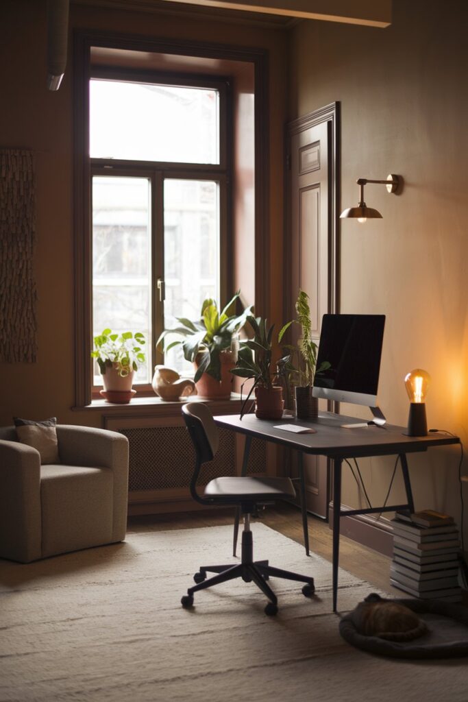 Home office with soft layered lighting from a desk lamp, floor lamp, and wall sconces, with a cat resting nearby.