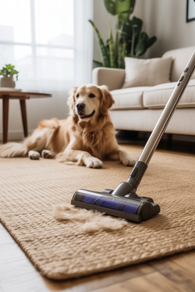 Honey‑oak floors with sturdy flat‑weave rug under mid‑century table—ideal for hiding pet hair.
