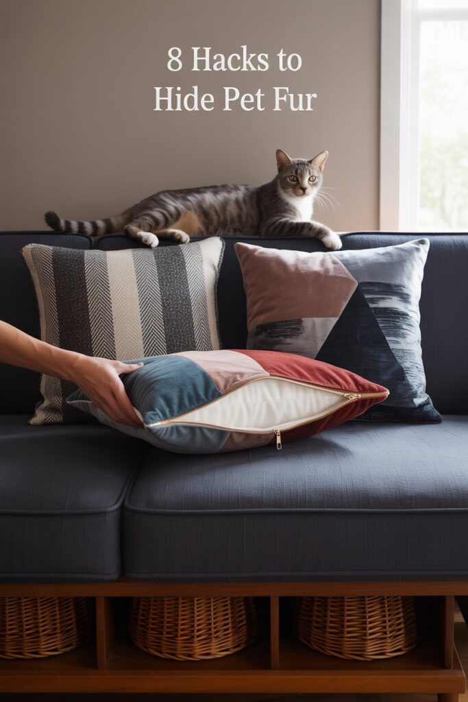 Layered herringbone and geometrics pillows creating a fur‑camouflage effect for stylish, pet‑proof living rooms.