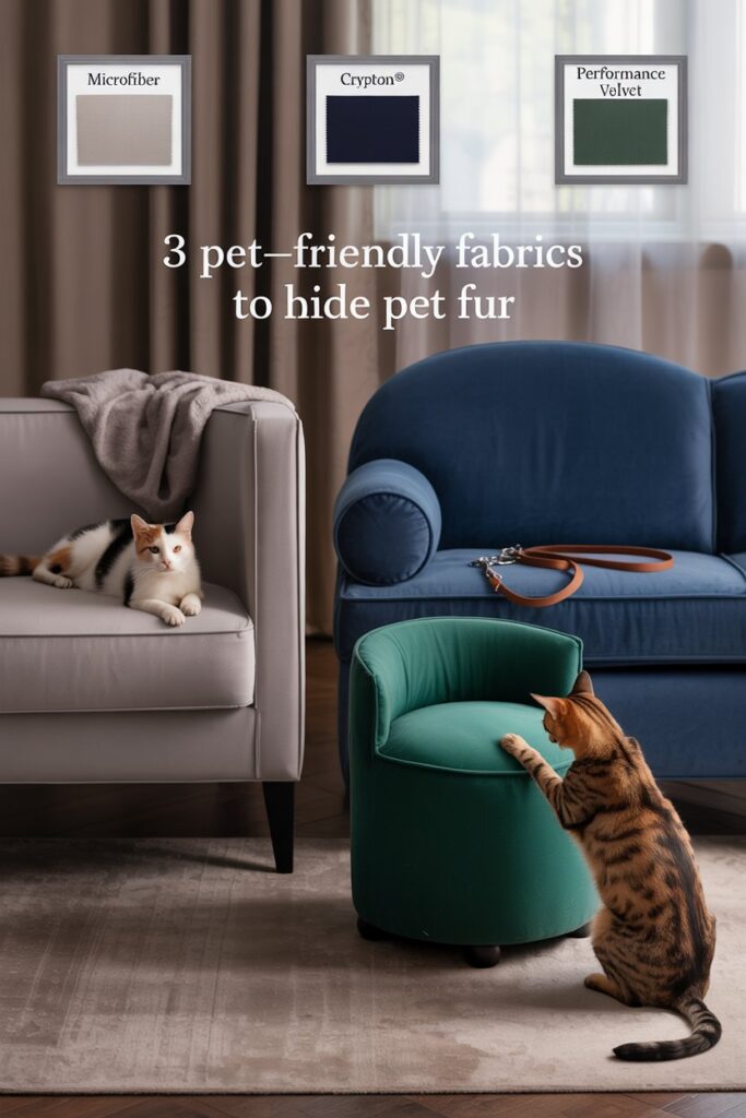 Living room vignette with fabric swatches labeled “Microfiber,” “Crypton®,” and “Performance Velvet” to hide pet fur.