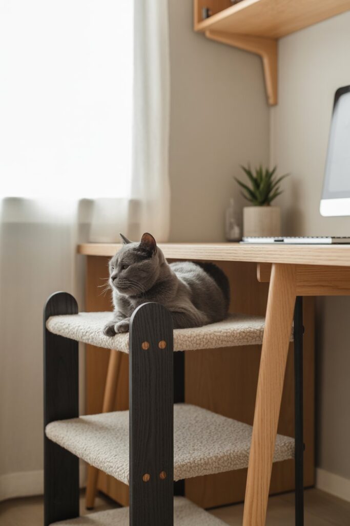 Minimalist cat bed in a modern home office, made from wood and boucle fabric, blending with decor.