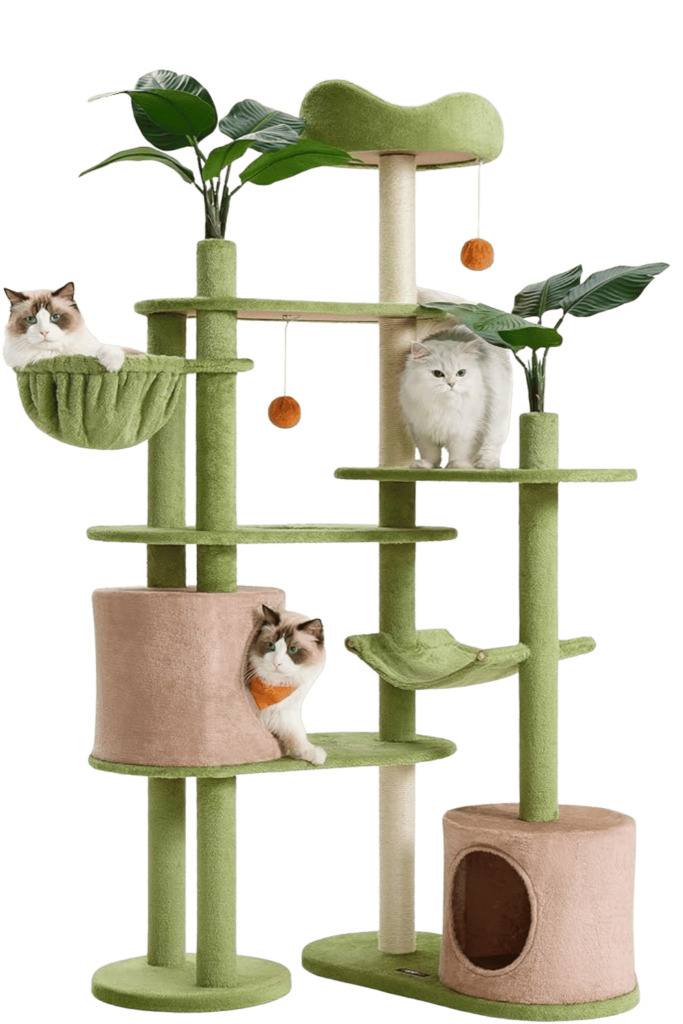 Moss-green plush cat tree with beige sisal posts, hammock cradle, cubby den, and hanging orange pom-pom toys