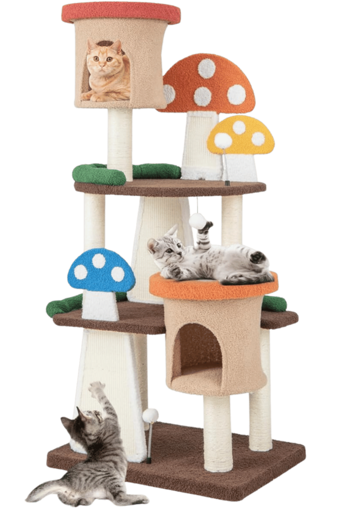 Multi-level mushroom cat tree with sisal posts and plush carpet – perfect cat condo for kittens and adult cats