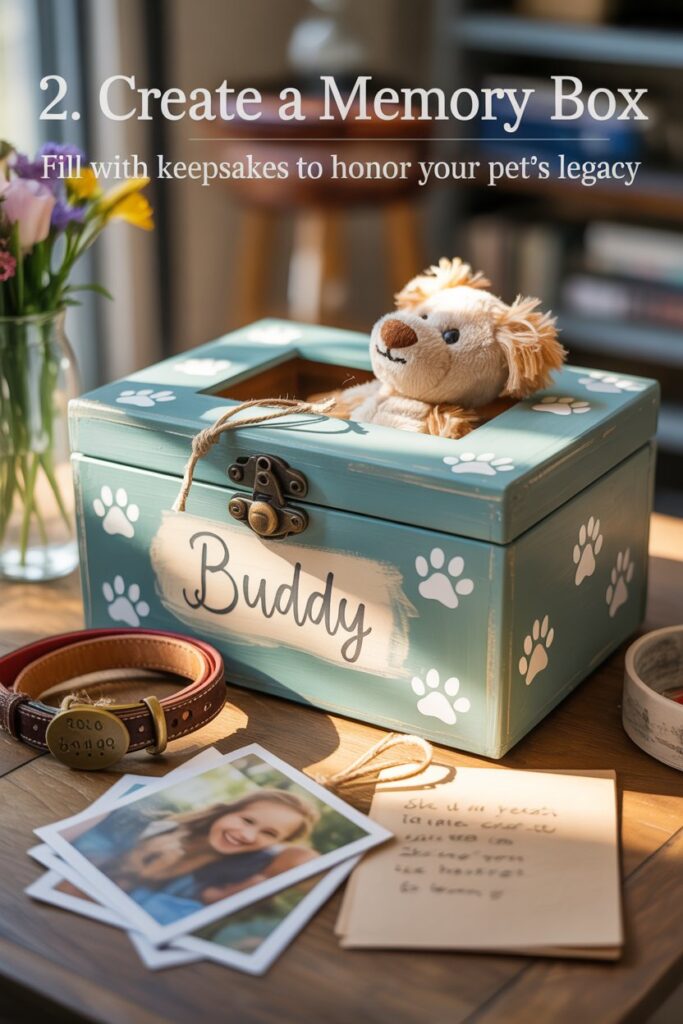 Open keepsake box showing a worn collar, plush toy, photos, and handwritten notes—offering comfort after losing a pet.