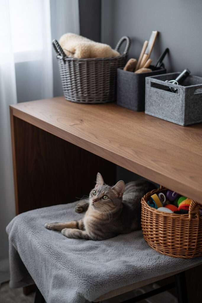 Organized pet supply storage using discreet baskets and bins in a sleek, pet-friendly home office.