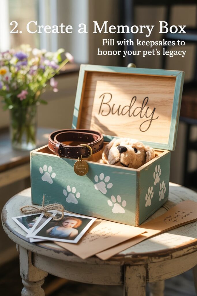 Pastel teal memory box decorated with paw prints, filled with a collar, toy, photos, and notes—perfect for pet memorial ideas and coping with pet loss.
