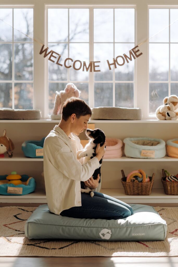 Person cuddling a puppy at an adoption center—embrace pet adoption when ready for healing after pet loss.