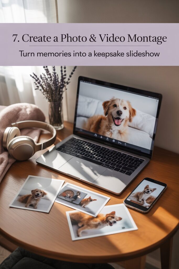 Photo and video montage setup with pet snapshots and music—meaningful way to honor your furry friend and support pet loss healing.