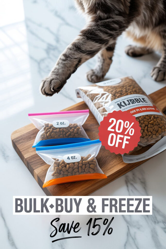 Pin showing that buying in bulk and freeze pet food saves money.