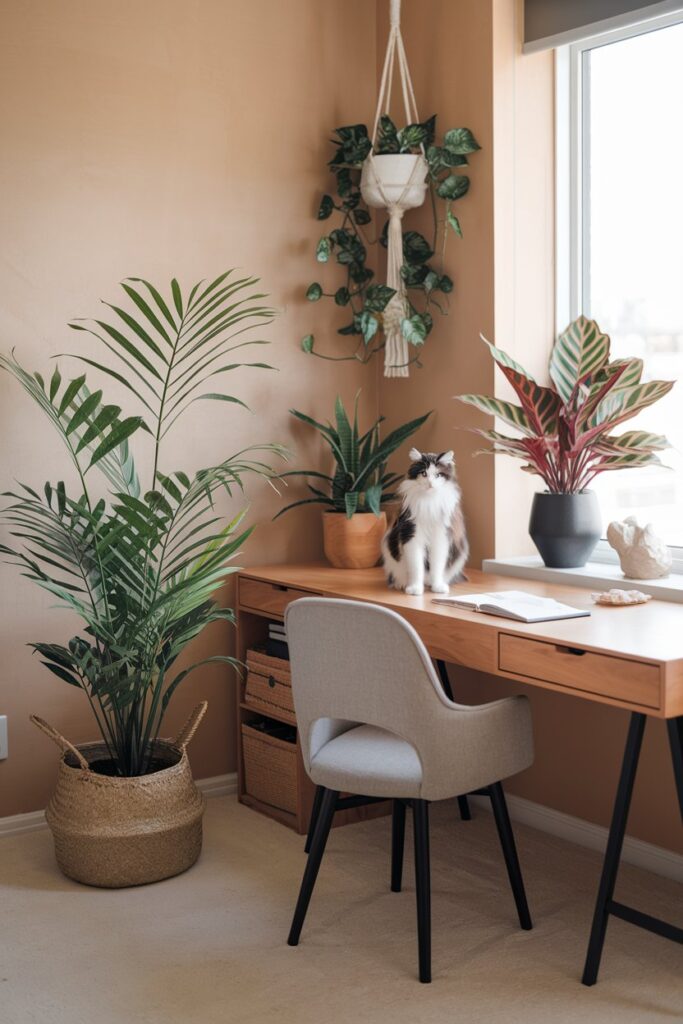 Serene home office with elevated plants in ceramic pots, styled to keep cats from chewing leaves.