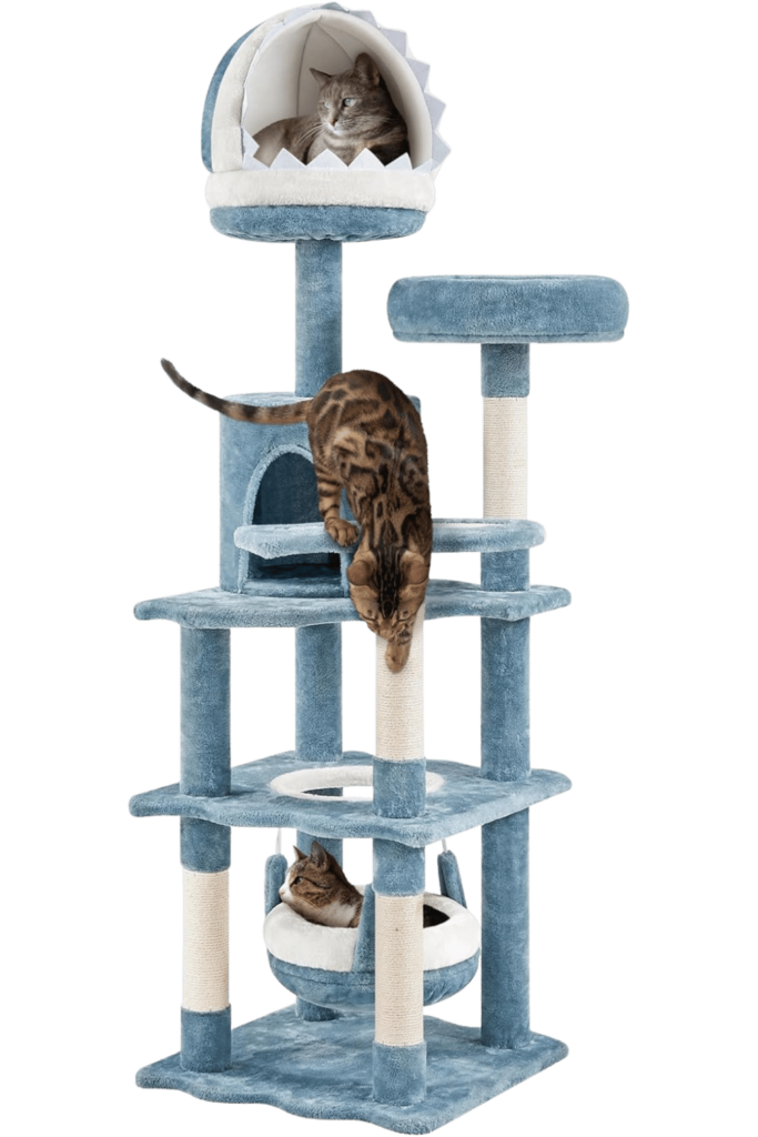 Shark Tall cat tree for large cats with fleece-lined hideaways and climbing zones, featuring a Bengal and gray tabby enjoying a cozy home setup.