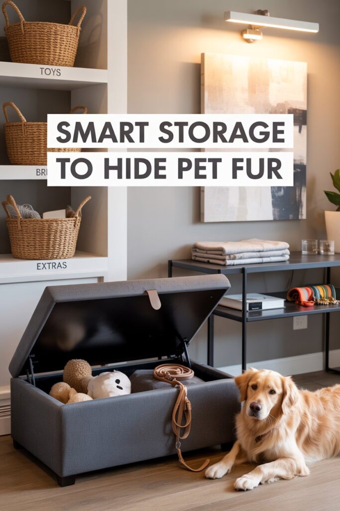 Sleek shelving unit with seagrass baskets under lamp, offering fur‑trapping home storage for pets.