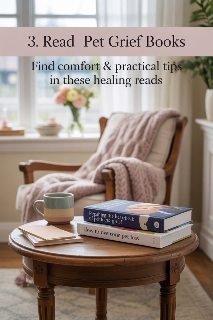 Soft reading corner with ‘Repairing the Heartbreak of Pet Loss Grief’ and ‘How to Overcome Pet Loss,’ offering pet loss support and healing after pet loss.