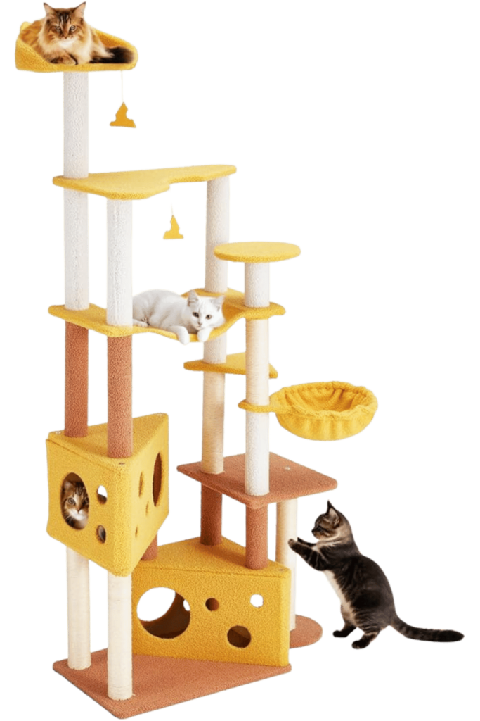 Stylish mustard and ivory cat furniture tower with multi-tier perches, cube hide-away condos, sisal scratch columns, and hanging felt mouse playthings