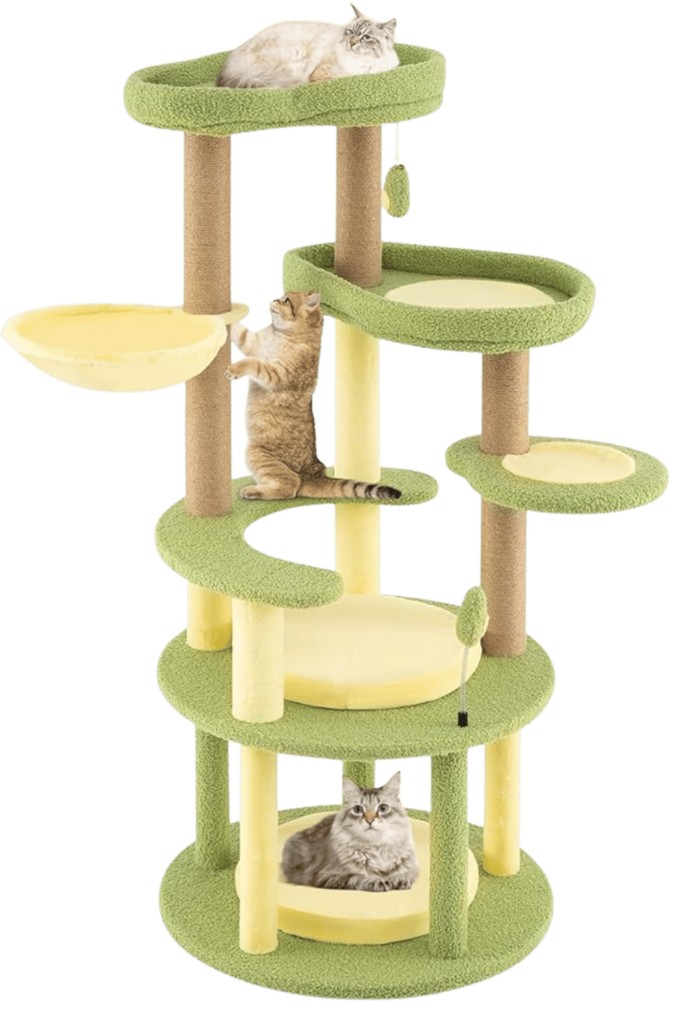Tall green-and-yellow cat tree with three cats lounging, climbing, and scratching against a white backdrop