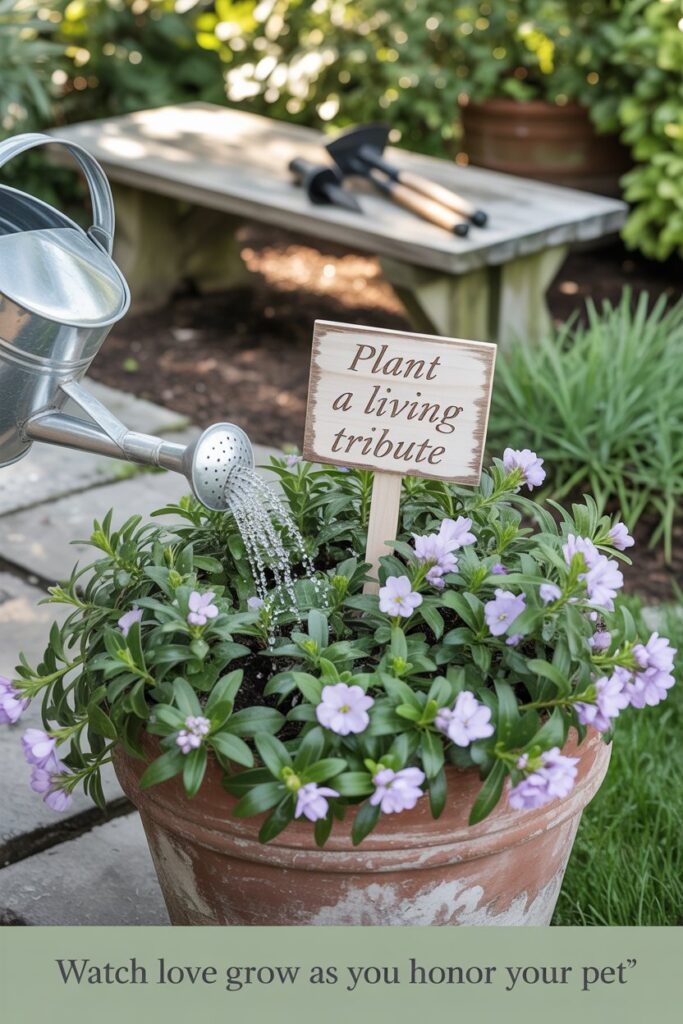 Terra-cotta planter with blooming shrub and engraved pet name stake—perfect pet memorial idea for coping with pet loss.