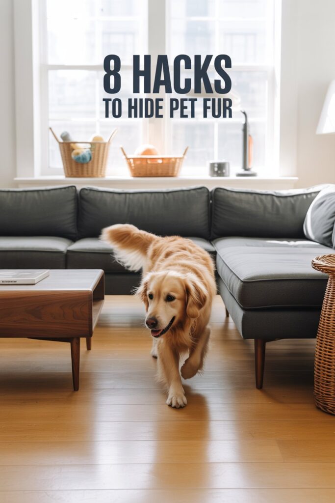 U‑shaped seating arrangement with console table barrier redirects paws, minimizing stray hairs on rugs and pillows.