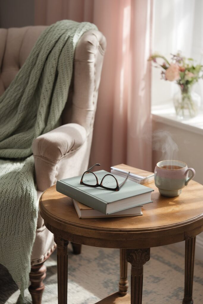 Vintage side table featuring pet grief support books, a steaming tea mug, and reading glasses—soothing scene for healing after pet loss
