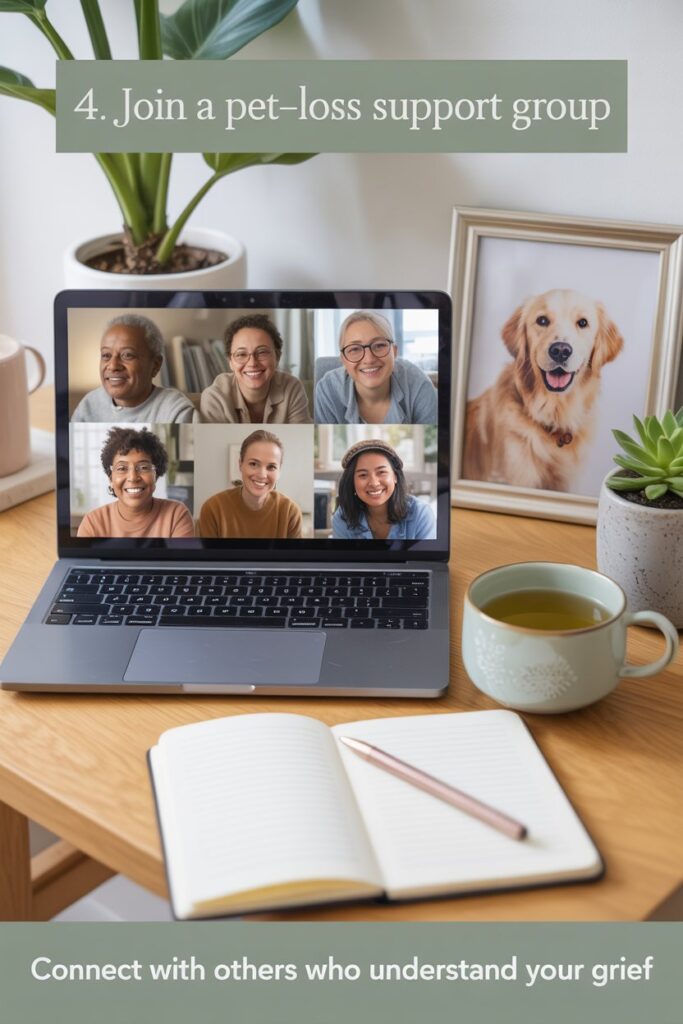 Virtual pet loss support group on laptop with tea and notebook – coping with pet loss.