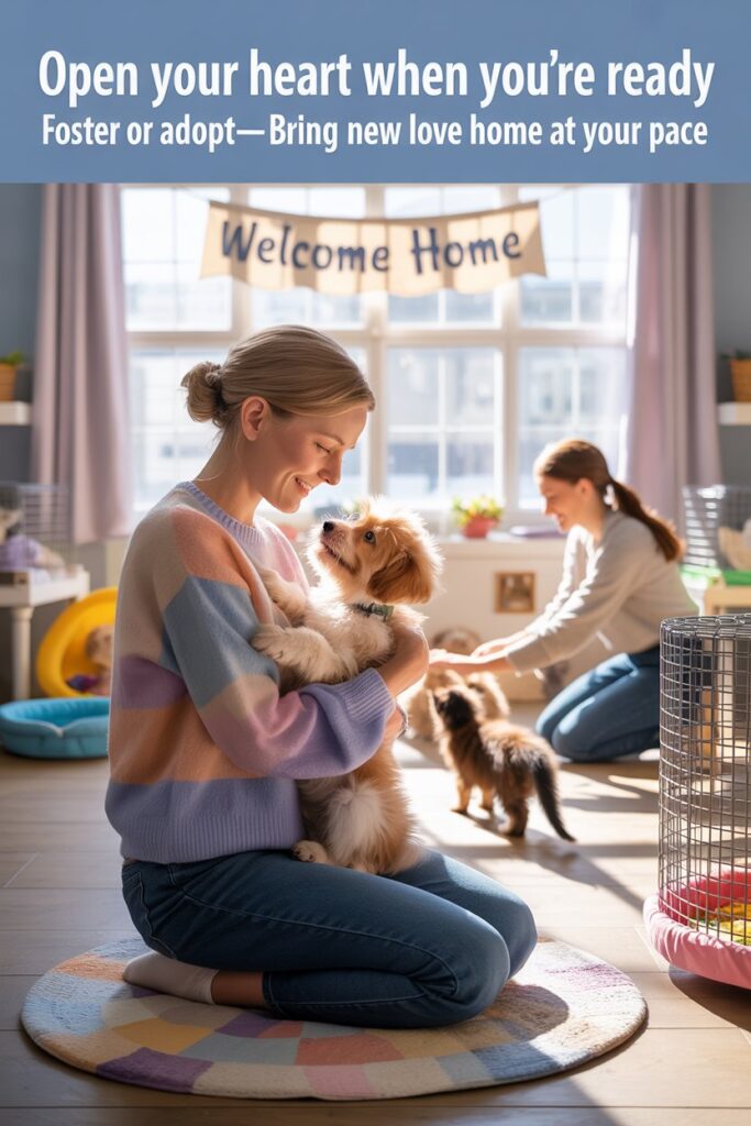 Volunteer and adopter greeting a puppy—coping with pet loss by opening your heart to a new companion.