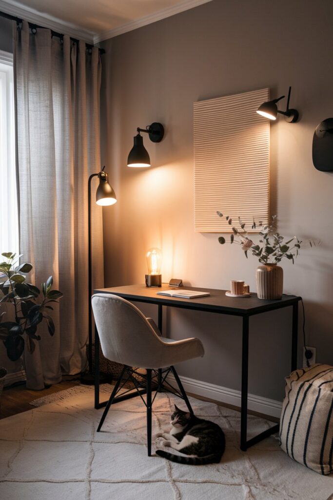 Warm, cozy workspace featuring black and brass lighting fixtures designed to flatter on Zoom and soothe the mood.