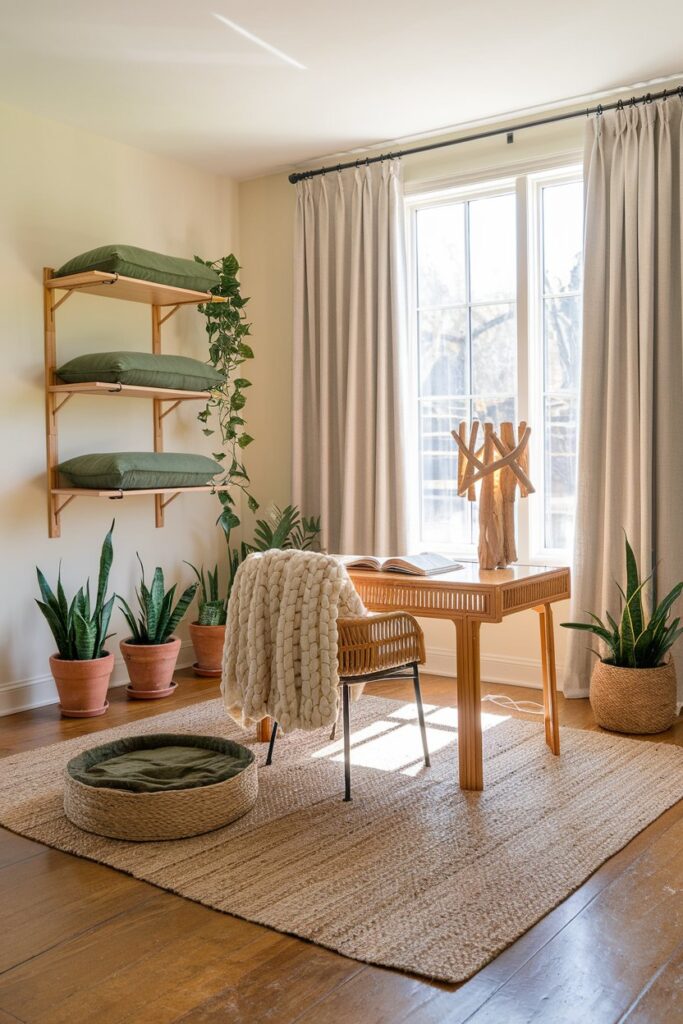Airy boho workspace bathed in soft natural light through ivory linen drapes, brushed teak writing desk with driftwood lamp