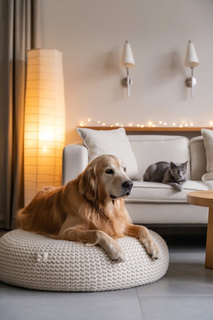 Ambient lighting with sconces, floor lamp, and fairy lights creating comfort for pets and people.