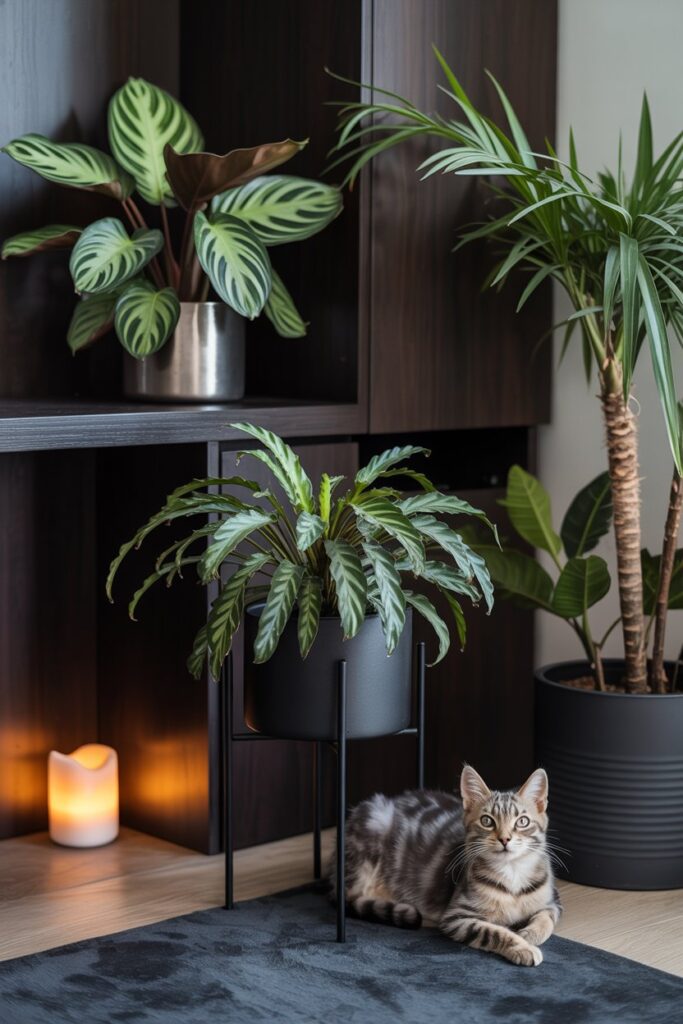 Calathea, Spider Plant, and Peperomia in matte black planters in a moody home interior.
