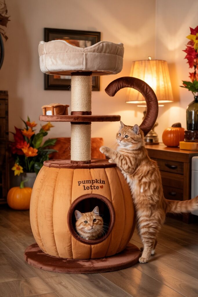 Autumn-themed cat furniture designed as giant latte mug with multiple levels and cozy coffee bean hideaway for cats