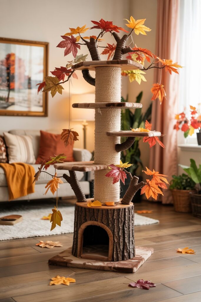 Autumn-themed cat furniture with natural wood and seasonal foliage