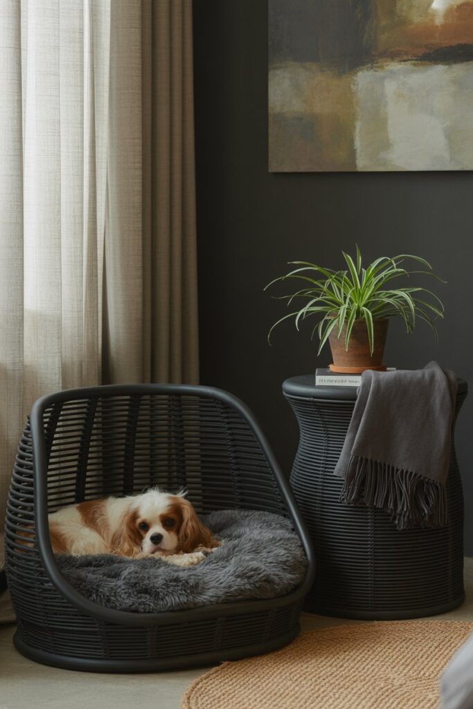 Black rattan pet bed with a dark cushion in a cozy modern corner near a gallery wall.