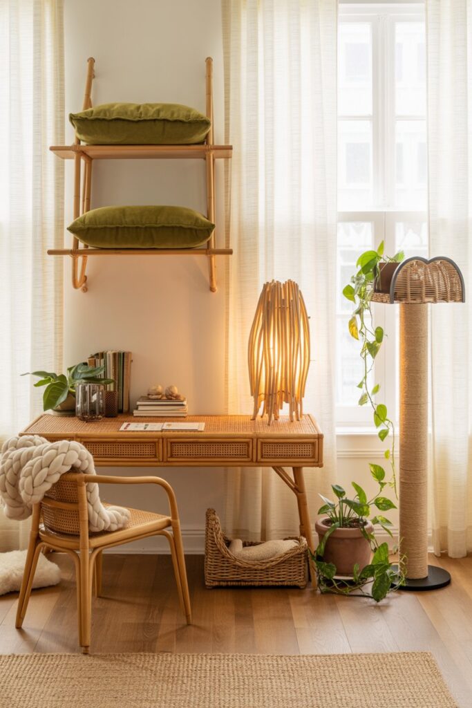 Bohemian home office with honey oak floors, natural jute rug, rattan desk and cane chair, featuring wall-mounted bamboo cat shelves with moss-green cushions