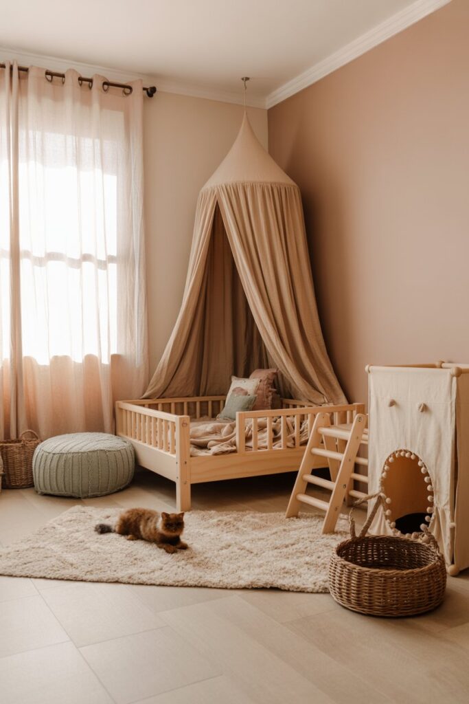 Bohemian kids’ playroom featuring a blush-and-cream teepee tent housing a circular cat hammock, chunky rose-dust pouf